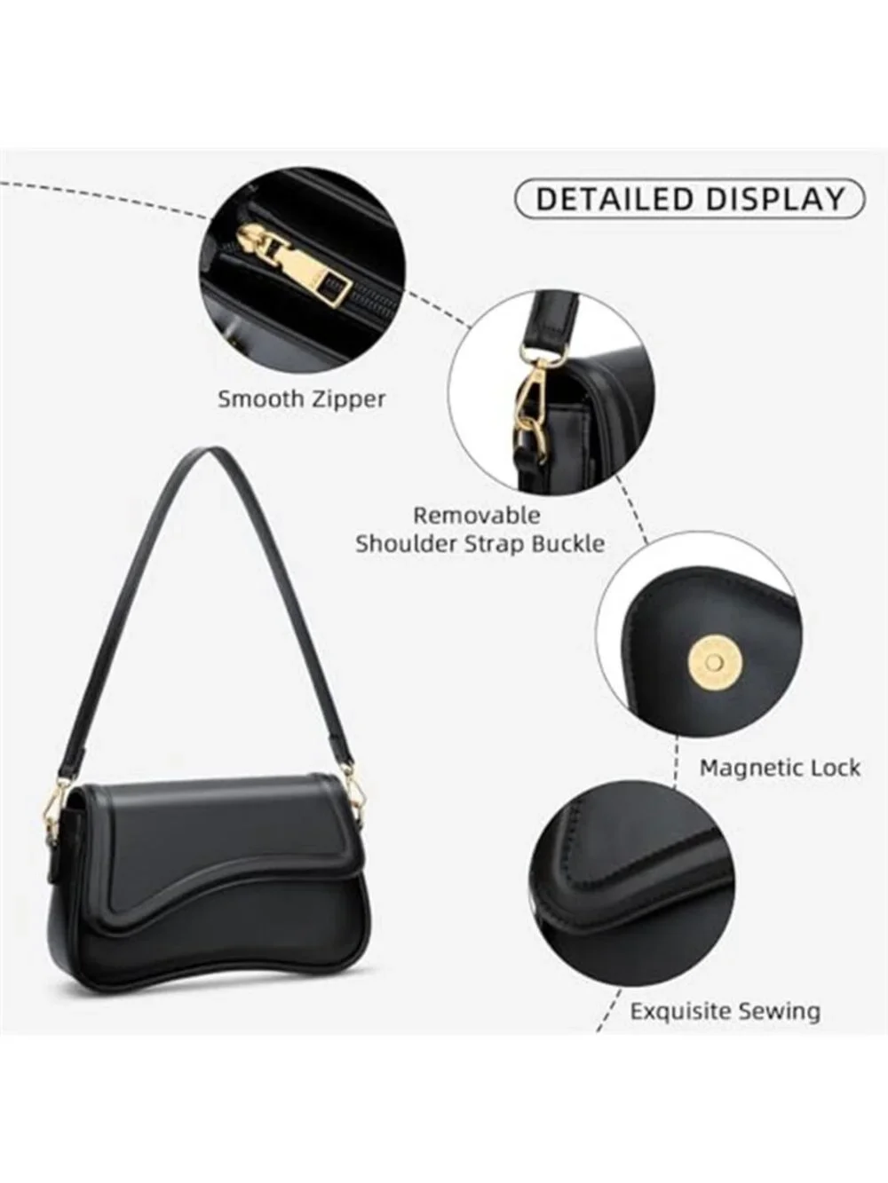 KKXIU Black Shoulder Bag Underarm Hobo Purse Faux Leather Trendy Handbag